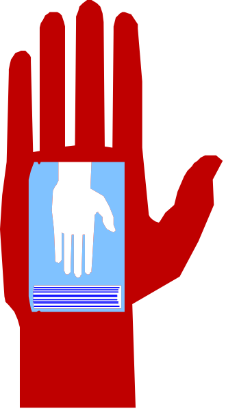 The image shows a red hand with an open palm holding up two fingers against a white background on top of which there is a blue barcode-like object resembling a book spine.