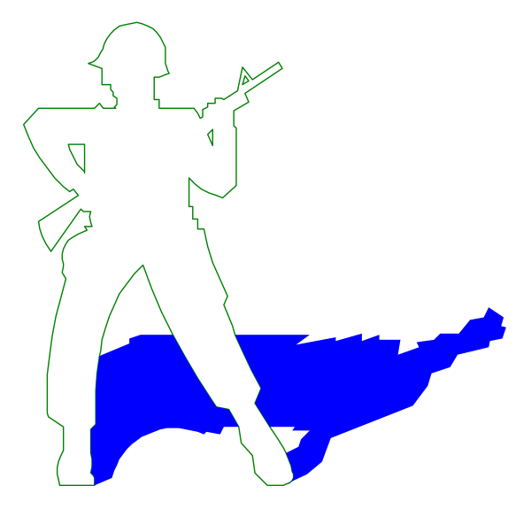 The image shows a silhouette of an armed soldier standing on top of what appears to be water with a gun pointed upwards in front of them against a dark background.