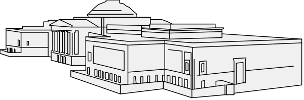 The black and white silhouette of a building with multiple levels against an overcast sky background.
