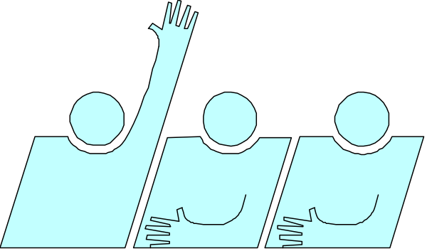 The image shows a black and white cartoon of three figures with their arms raised high above them as if celebrating or cheering in an unidentified location.