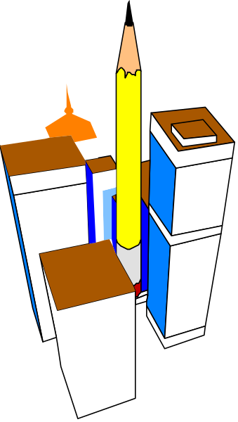 The image shows a colorful digital illustration of an urban scene with buildings that have been creatively altered to look like Lego blocks in various shades including blue, yellow, brown, white, red, green and black; there is no text present on this clip-art style graphic.