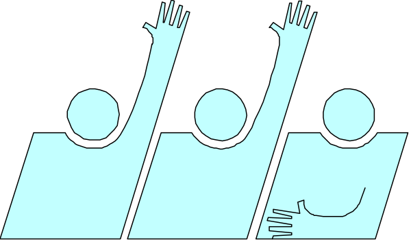 The image shows a black and white silhouette of three figures with their arms raised high above them against an abstract background that resembles waves or ripples in shades of gray.