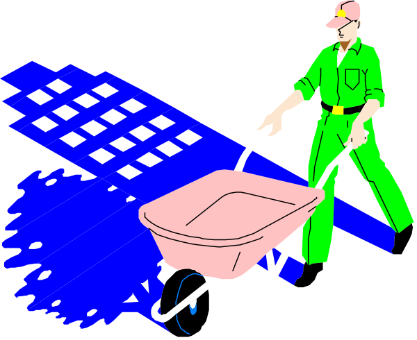 The image shows a man pushing an empty pink wheelbarrow on his left side while walking to the right with both hands holding onto it; he is wearing green overalls and has short hair. He appears to be in motion, possibly outdoors during daylight hours due to natural lighting conditions visible through what seems like windows or openings behind him.