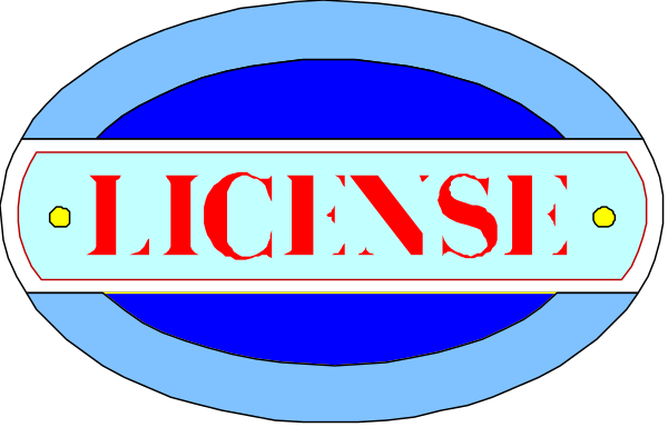 The image shows a logo with text that reads "LICENSE" on top of an oval shape resembling a license plate frame in blue and white color scheme against a gray background.