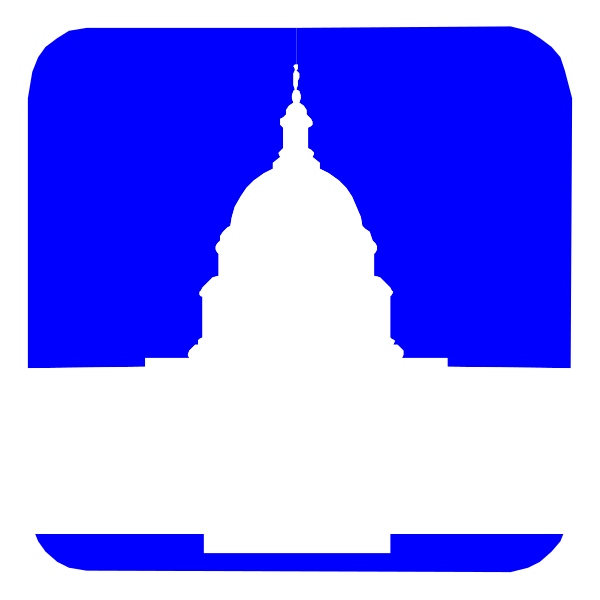The image shows a blue square with white text that reads "Uber" at top left corner, followed by an icon of a building resembling the United States Capitol in Washington D.C., which is predominantly red and features columns on either side; below this symbol are two lines representing water or waves, one above each other, both colored blue with white text that reads "Uber" at bottom right corner.