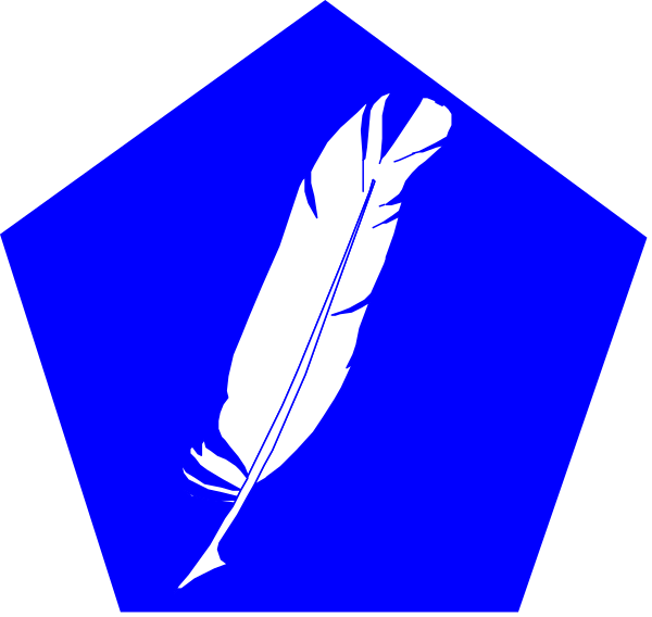 The image shows a blue feather with white quill on top of it inside an envelope icon against two different backgrounds: one is black and the other has a starburst pattern in shades of purple, pink, and yellow.