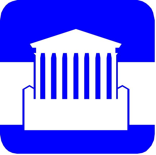 The image shows a blue square with two smaller squares inside it; on top is an icon of a building resembling a courthouse next to text that reads "COURTHOUSE," indicating its function, and below this is another symbol representing money or currency, suggesting the financial aspect related to courts.