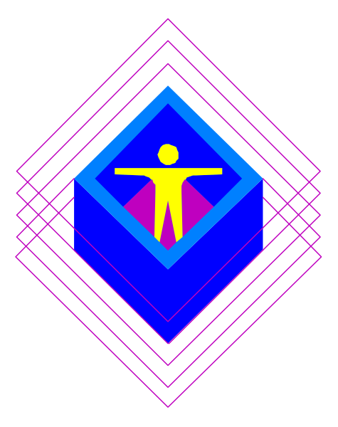 The image shows a blue diamond with an abstract design inside it featuring geometric shapes such as squares and triangles arranged around what appears to be a central figure that could represent a person standing upright within a square frame, all set against a dark background.