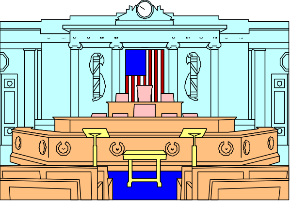 The image shows a cartoon representation of an American presidential inauguration ceremony taking place inside what appears to be Capitol Hill in Washington D.C., with President Obama seated at his desk behind the podium as he delivers his speech, surrounded by members of Congress and other dignitaries on both sides of him; there is no text present within this image.