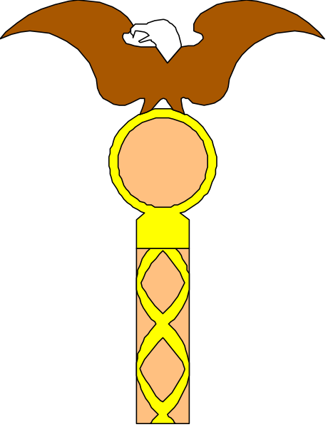 The image shows a stylized emblem with an eagle's head on top of what appears to be a shield-like design featuring two crossed swords; below this is another element that resembles a key, and atop it sits a small bird or possibly a dragon figure in profile.