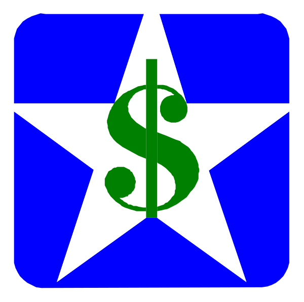 The image shows a blue square with white border containing an icon of a star inside it on top left corner; centered within this is a dollar sign symbolizing money.