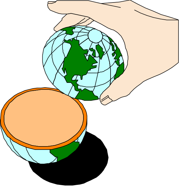The image shows a hand holding two globes: an orange globe with no landmass visible on it is being held by someone's left hand in front of them; their right arm extends outward to show another, larger blue and green world map behind both hands.