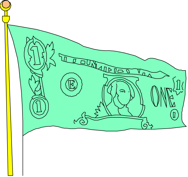 The image shows a single US dollar bill with an illustration of George Washington's profile on it hanging from what appears to be a flagpole against a black background.
