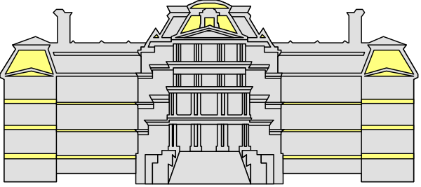 The image shows a black and white line drawing of an architectural structure that resembles a castle with multiple towers connected by walls; it is depicted in profile view against a gray background without any additional context provided within this small clip-art format.