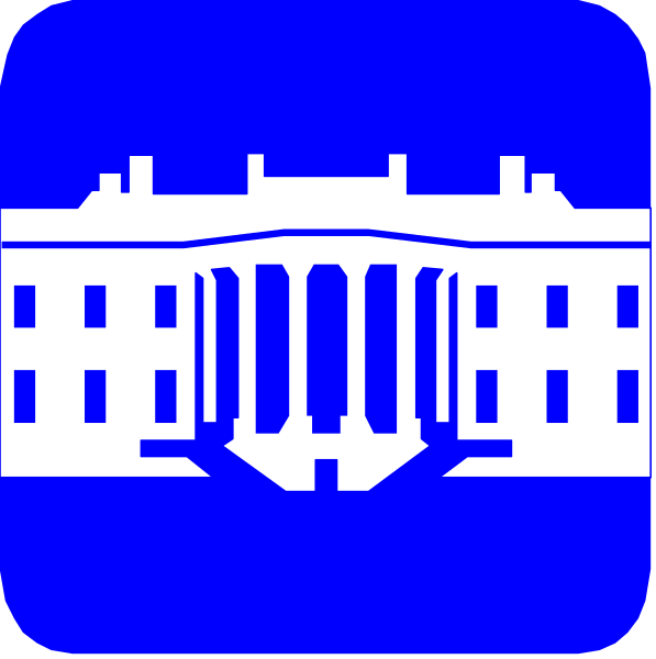 The image shows two square graphics side by side: on the left, a blue icon with an illustration of the White House; on the right, another graphic featuring columns that resemble those in front of the building and text "WHITE HOUSE" at top center above it.