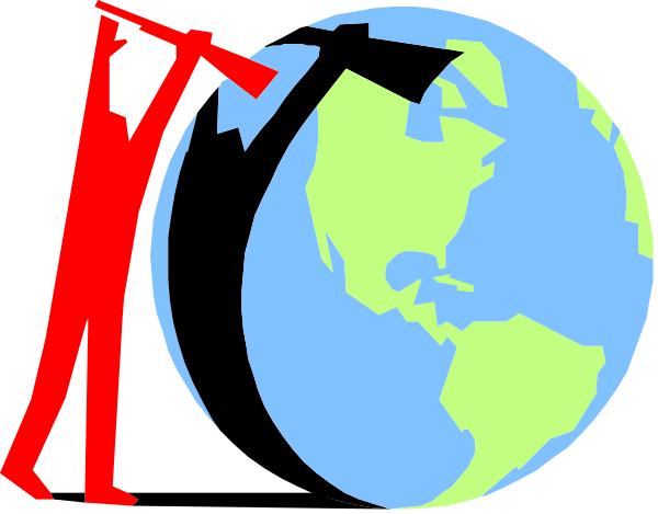The image shows a black and white illustration of an animated globe with red arrows pointing to it from various locations around the world; on top is a hammer labeled "CO2" in bold letters next to which there's a person holding up another hammer, symbolizing action or impact against climate change.