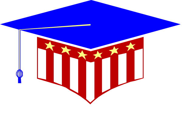 The image shows a stylized graduation cap with an American flag motif on it against a blue background.