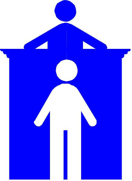 The image shows a blue handicap sign with white silhouettes of two figures standing next to each other under an open umbrella on top of what appears to be a building structure in gray tones, suggesting accessibility for people using wheelchairs or mobility devices.