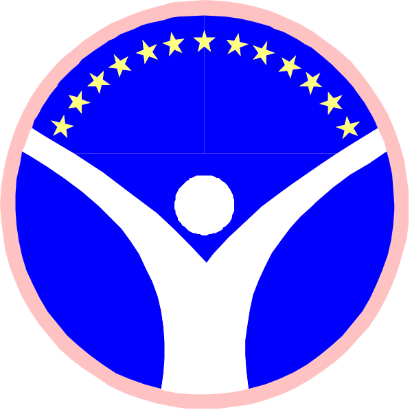The image shows two circular logos with a blue background featuring white stars at their centers; each logo has an emblem of hands forming a circle above it on top right corner.