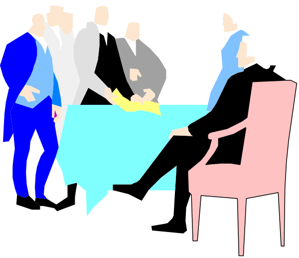 The illustration depicts a group of men dressed formally with suits and ties gathered around a round table; there is an elderly man seated in a chair at one end of the table while others stand behind him engaged in conversation, suggesting a formal meeting setting.