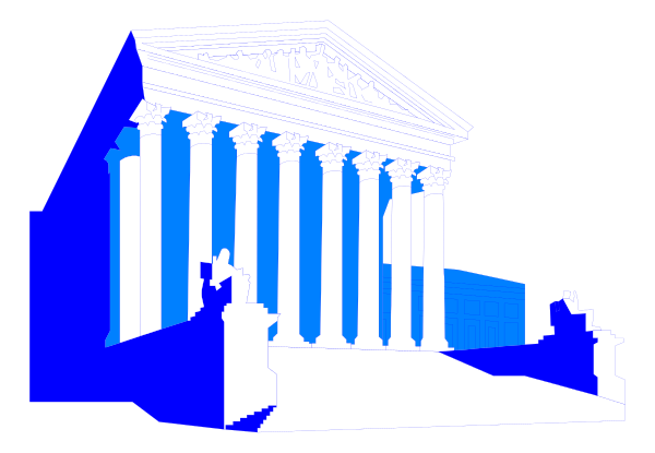 The image shows a digital rendering of an ancient Greek temple with columns against a dark background.