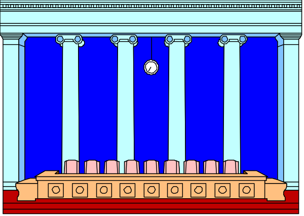 The image shows a pixelated representation of an interior space that resembles a courtroom with high ceilings featuring blue tiles on walls; there is no visible text in this small clip-art image to provide additional context about what's depicted, but it appears to be designed for use as part of software or game.