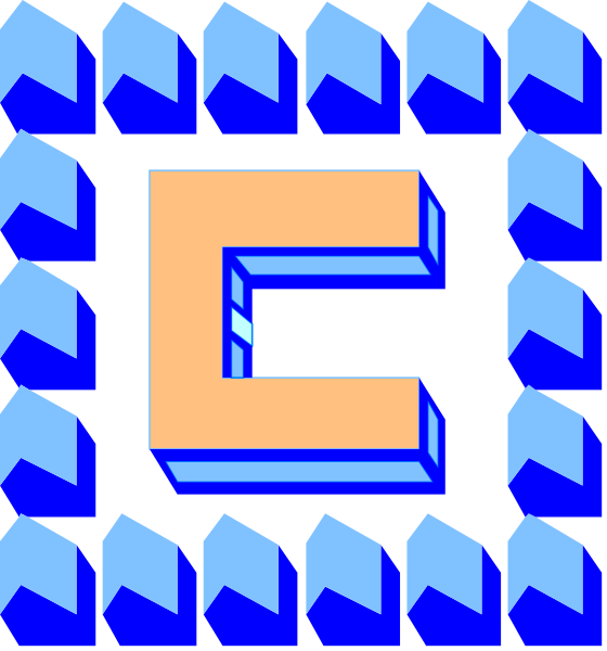 The image shows a pixelated representation of an orange letter 'C' surrounded by blue blocks forming its shape within a larger square frame with white borders.