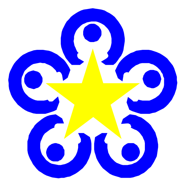 The image shows a blue emblem with an eight-pointed star at its center featuring a yellow five-petaled flower design inside it; above this central motif is another smaller six-sided star, also in gold coloring.