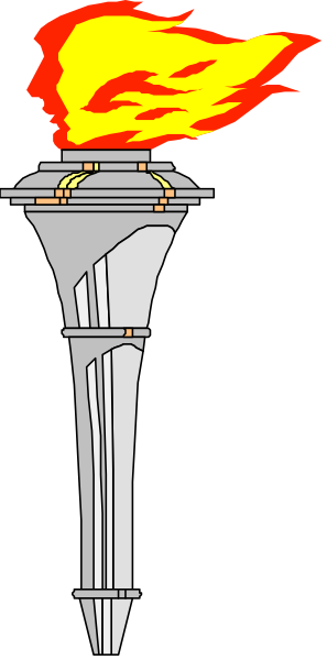 The image shows a torch with flames on top of it inside an Olympic flame holder next to a column that has two rings around its base.