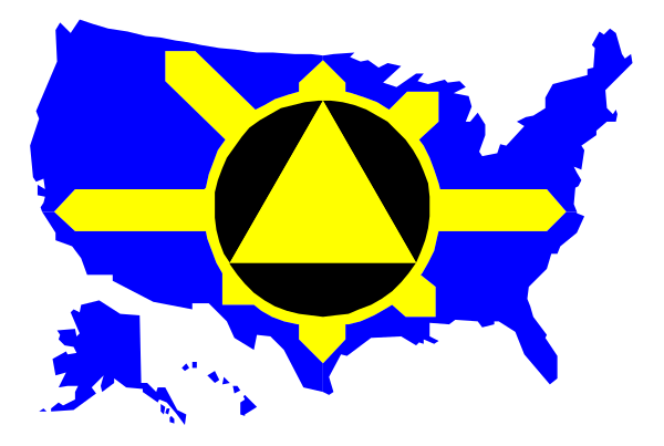 The image shows a stylized graphic of an American flag with a blue background on which is superimposed a yellow triangle containing three black lines forming what appears to be a shield shape inside it; above this symbol, there's text that reads "USA" in white capital letters and below the same word but smaller. The image has been edited or altered so as not to resemble an actual flag of any country accurately.