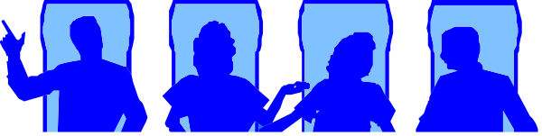 The image shows a row of silhouettes against a blue background; each figure appears to be engaged with an activity that involves their hands being raised upwards in front of them as if waving or performing some action, but it's not clear what exactly is happening due to the lack of detail.
