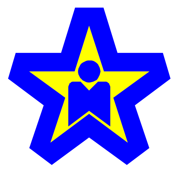 The image shows a blue star with an icon inside it that resembles a person sitting atop another symbol which appears to be a film clapperboard.