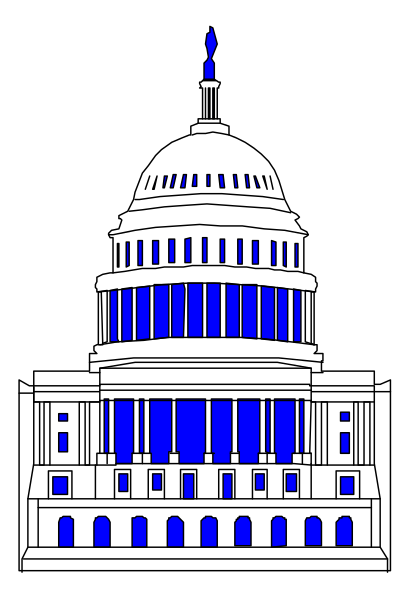 The image shows a black and white illustration of an iconic building with columns that is recognizable as being part of capitol hill in Washington D.C., featuring blue doors on either side at ground level, topped by arched windows above them; it has a dome-like structure visible from the front viewpoint where there are no people or animals present and appears static without any actions taking place within this clip art image.