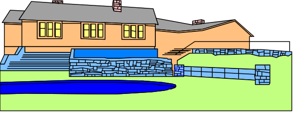 The image shows a cartoon depiction of an old wooden house with multiple windows on its facade, set against what appears to be a rural landscape under clear skies during daylight hours.