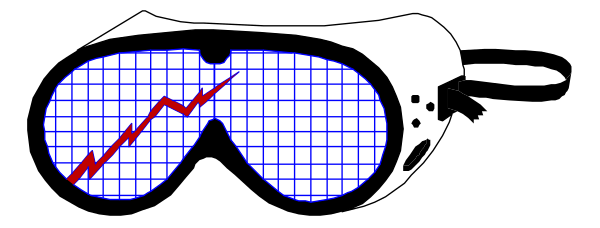 The image shows a pair of sunglasses with an eye chart pattern on them against a black background; there is also a lightning bolt graphic in blue overlaying part of one lens.