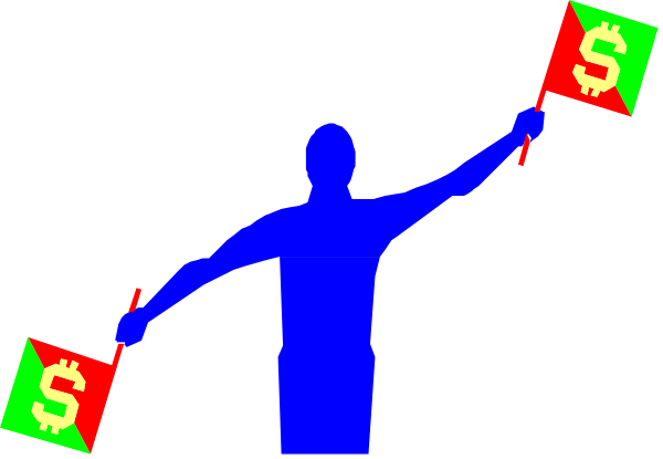 The image shows a person holding two flags with money symbols on them against a black background.