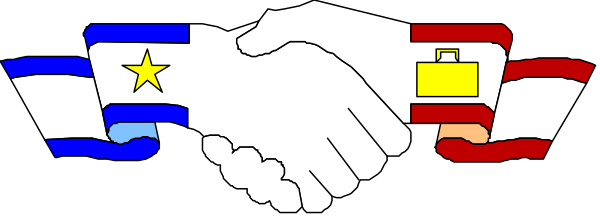 The image shows a handshake between two hands with flags from different countries on them against a black background.