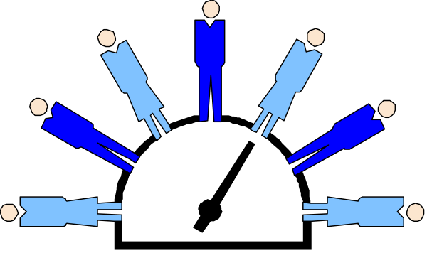 The image shows a group of seven stick figure characters arranged around an oval shape with six figures standing upright on its perimeter facing inward towards one central character who is seated atop it; all eight appear to be engaged in conversation, and there's no background detail provided beyond the silhouettes.
