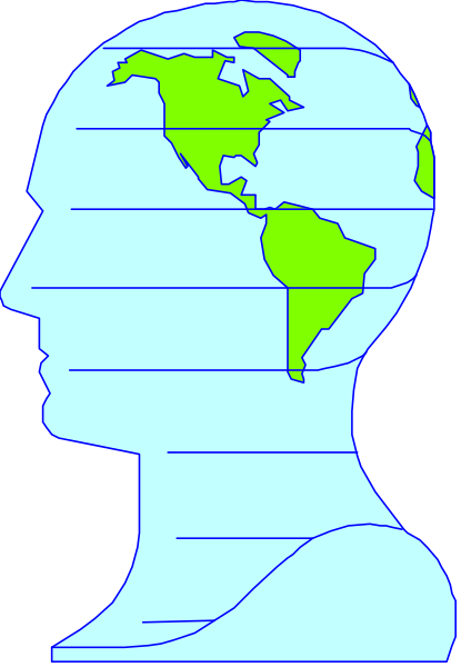 The image shows a stylized representation of an adult human head with eyes closed against a dark background; superimposed on this is a map that appears to be overlaid from behind onto the forehead area, showing continents and oceans in shades of green and blue.