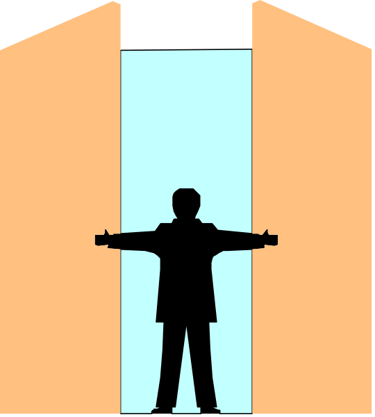 The image shows a person standing with their arms outstretched inside an open doorway of what appears to be a building under construction; there is no text present in this clip-art illustration.
