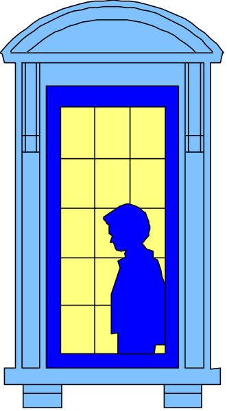 The image shows a blue silhouette of an adult standing inside a yellow door frame with their back to us looking out through glass panes into darkness beyond; there is no text present in this clip-art illustration, which has a simple and minimalist style typical for such graphics used as icons or decorations. The setting appears to be indoors at nighttime due to the dark background outside of the door frame where we can see only silhouette shapes without detailing them further. There are no other objects, people, animals, actions depicted in this image; it is a