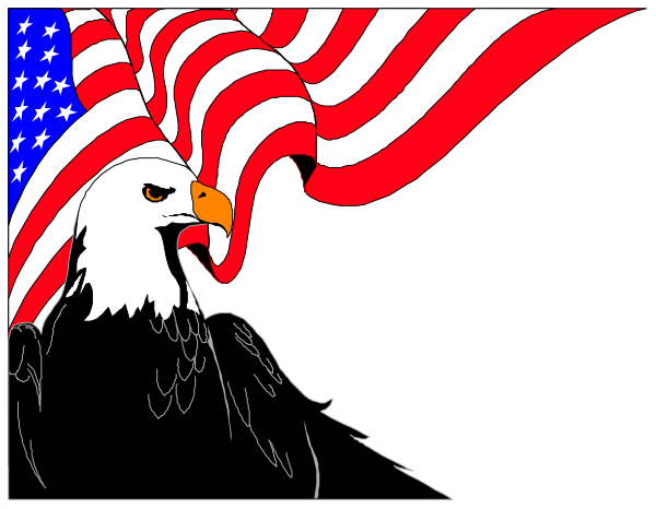 The image features an eagle with its wings spread wide against a black background on top of two American flags waving side by side in front of it.
