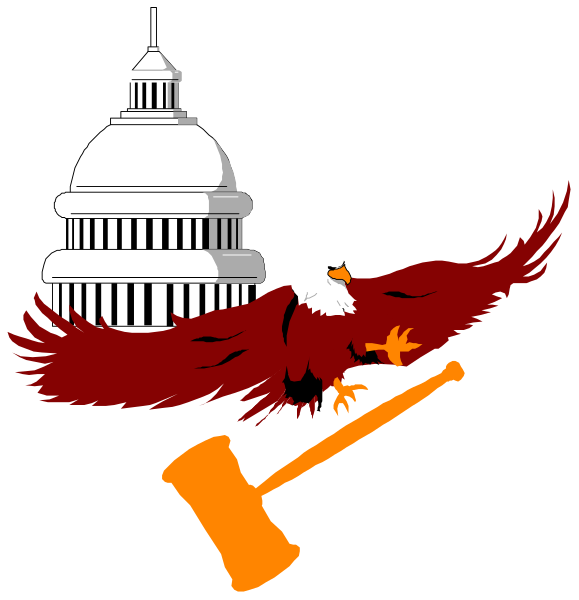 The image shows a graphic with two distinct halves: on the left side is an eagle perched above a hammer; in front of it stands a bald eagle clutching arrows while holding a shield, and below that, there's a building resembling the United States Capitol. On the right half, against a black background with white stars at its corners, appears another graphic featuring an American flag motif above two crossed axes; in front of this is also the bald eagle clutching arrows while holding a shield and below it stands a hammer similar to that on