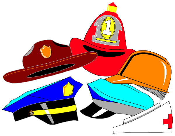 The image shows a collection of firefighting equipment including helmets with numbers on them, hats, badges, uniforms, tools like axes, wrenches, and crowbars, all depicted in cartoon form against a black background.