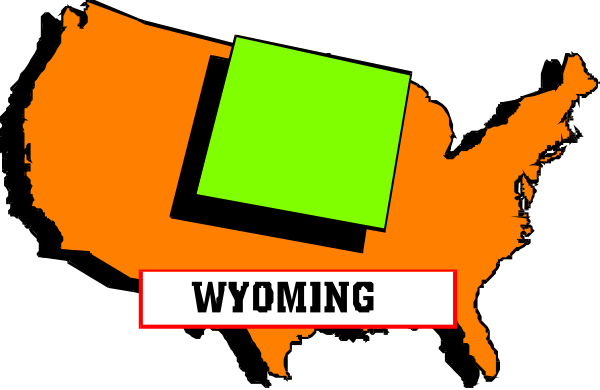 The image shows a stylized map of Wyoming with an overlaid green rectangle on it that says "WYOMG" in white letters at its center.