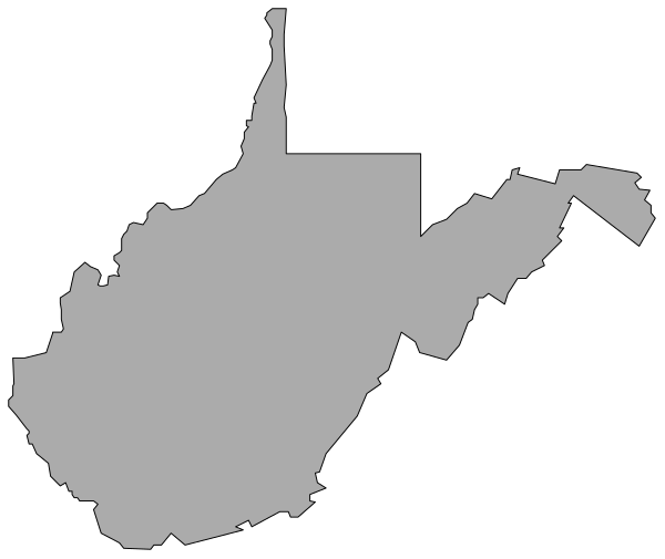 The image shows a black and white map of West Virginia with its state outline highlighted against a dark background.