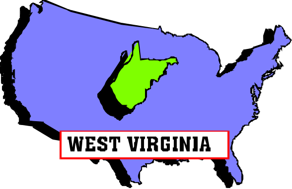 The image shows a stylized map of West Virginia with its state outline highlighted on it against an American flag background.