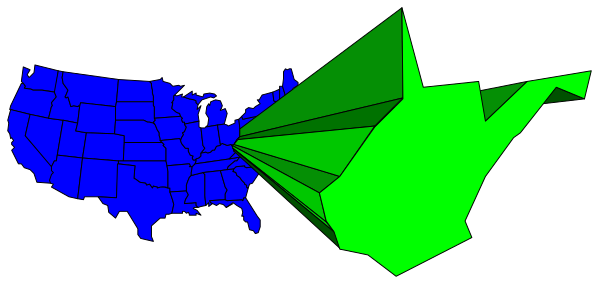 The image shows a map of the United States with two states highlighted: blue for California and green for Florida.
