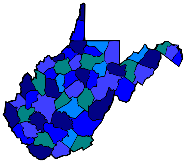 The image shows a stylized map of West Virginia with counties colored blue overlaid on it; there is no text present in this clip-art representation.
