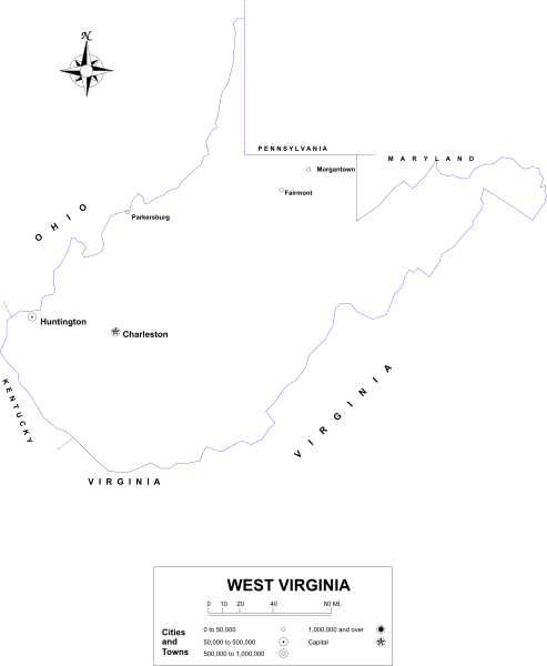 The image shows a stylized map of West Virginia with its borders outlined on a black background.